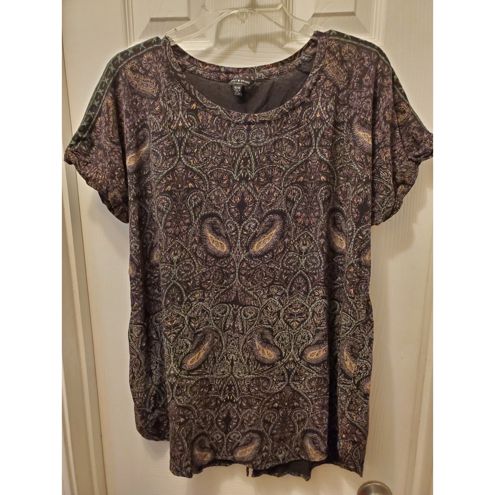 Lucky Brand Plus 1X Short Slv shirt boho artsy‎ Paisley blk/purple fairy goth